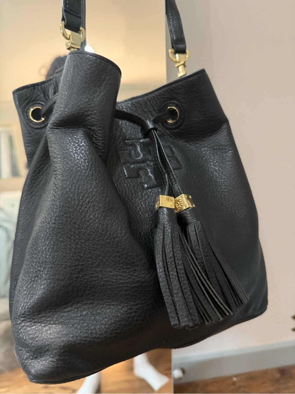 Tory Burch Black Leather Tassel Drawstring Bucket Shoulder Bag